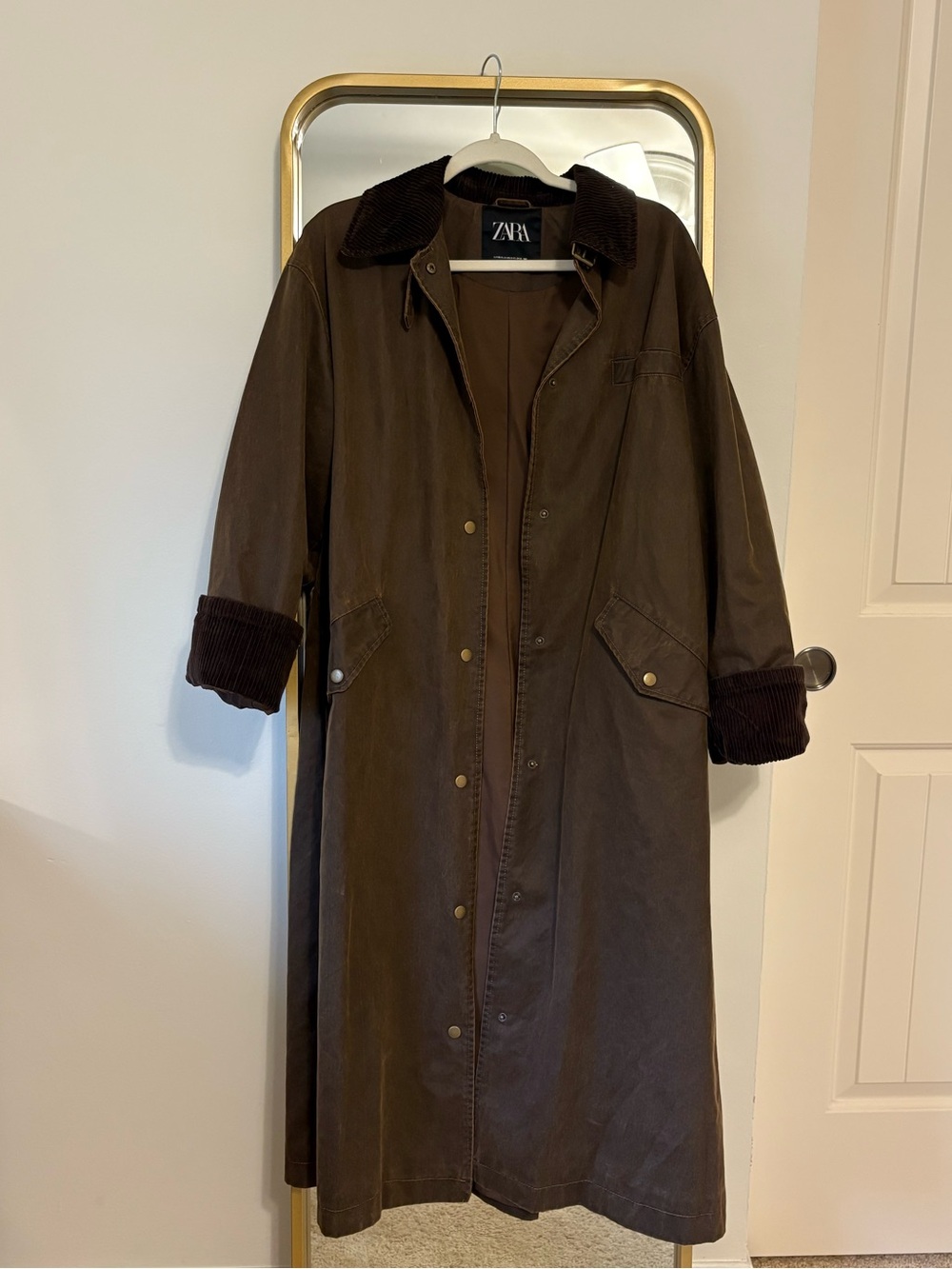 Zara Dark Brown Long Trench Coat with Corduroy Trim